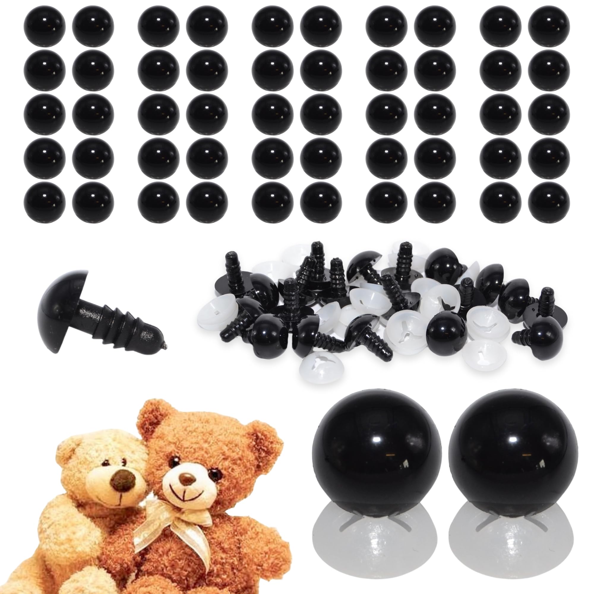 celloexpress Solid Black Eyes with Plastic Backs - Safety Eyes for Soft Toy or Teddy Bear Making - 18mm, Pack of 25 Pairs