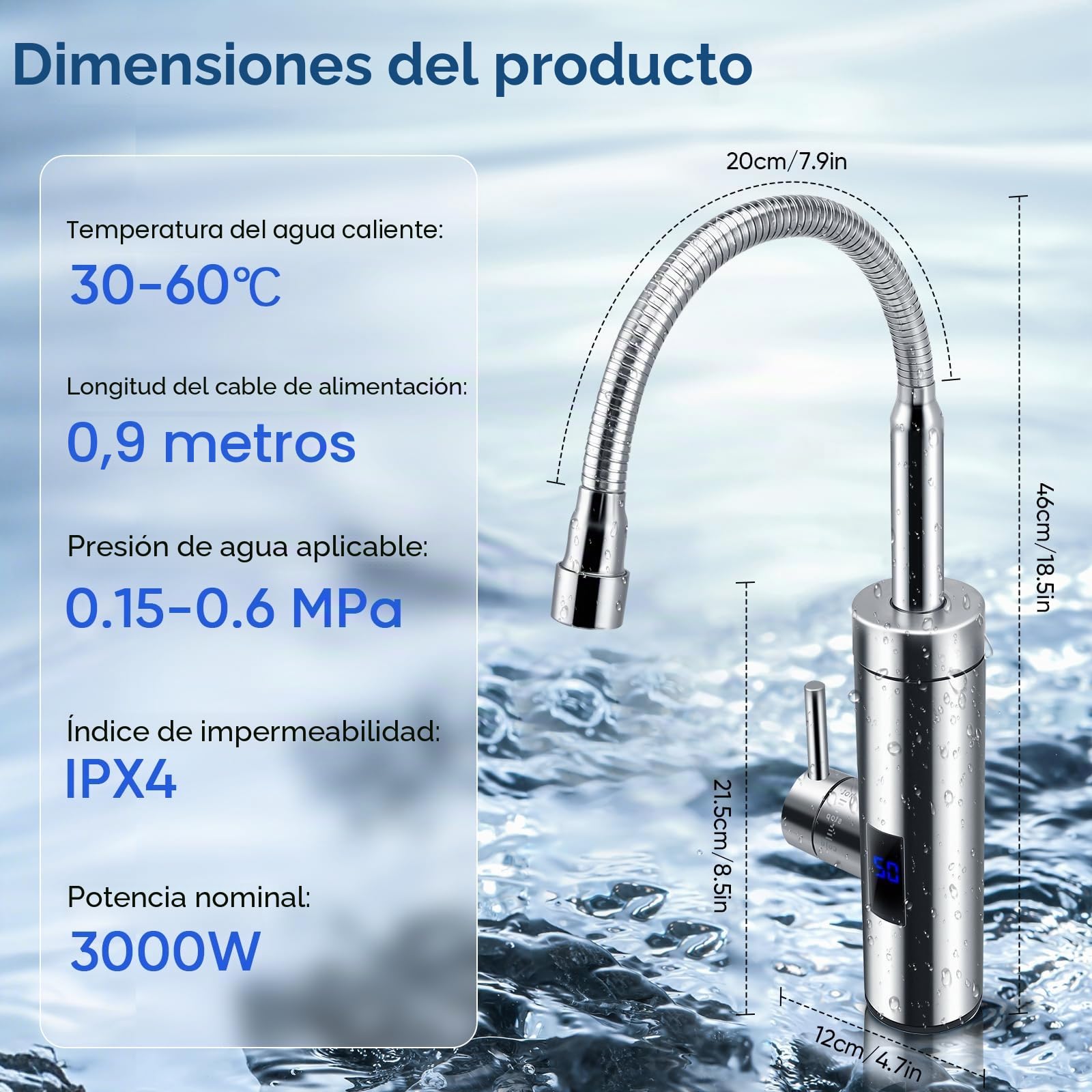 Grifo con calentador de agua instantáneo, grifo de 360°, 3000 W, grifo de acero inoxidable con indicador de temperatura LCD para cocina, jardín y caravana (A)