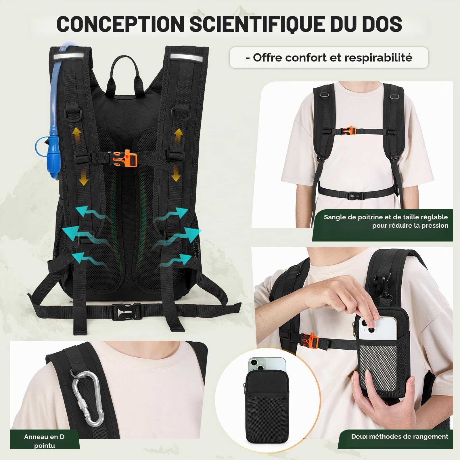 RAINSMORE Sac à Dos d'hydratation 18L, 2L vessie isolé, Housse Pluie | Sac Léger pour Randonnée, Running, Cyclisme, Escalade, Trail,Vessie Isolée,Homme Femme, Molle, Nylon 900D Imperméable