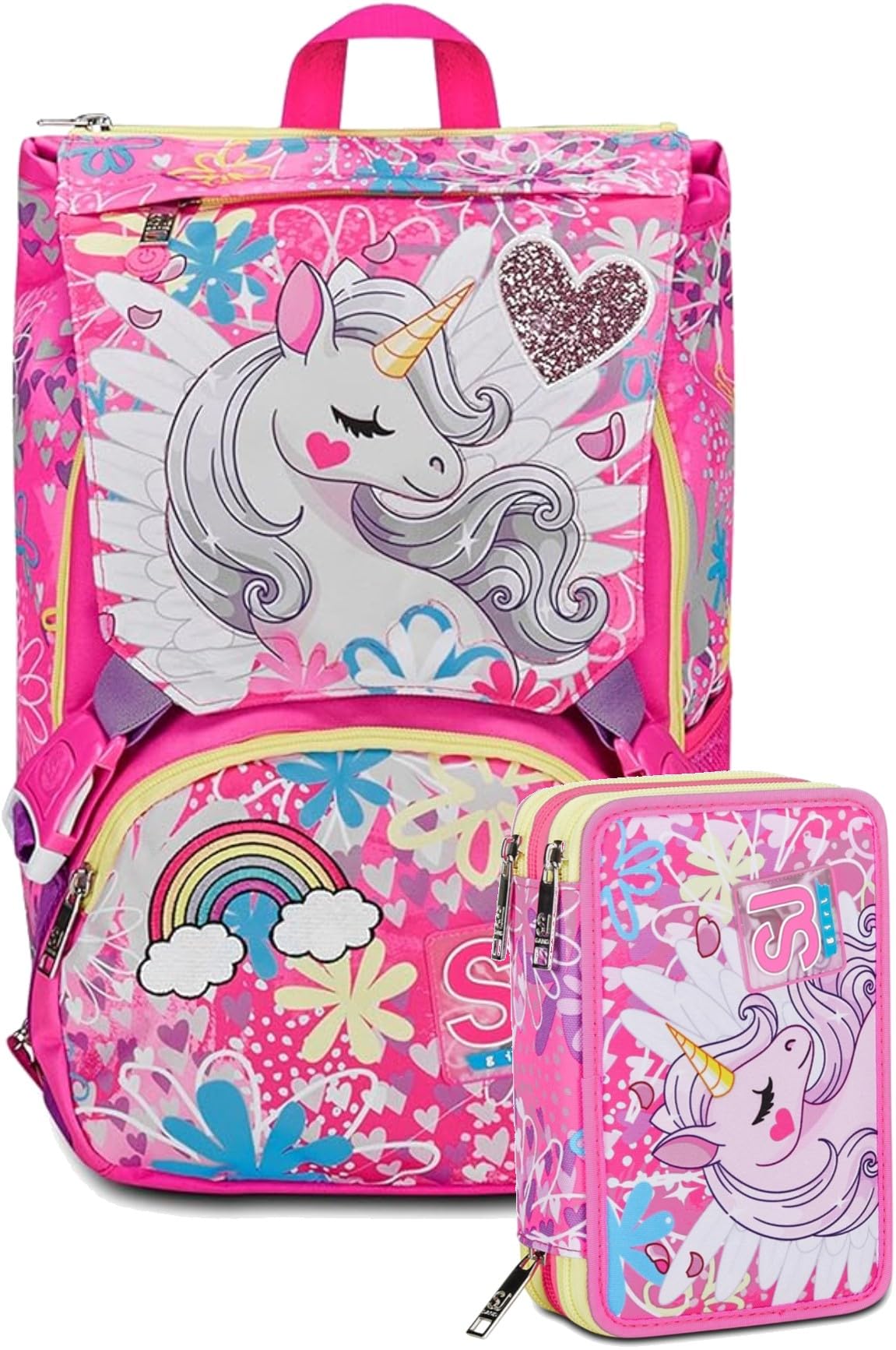 Schoolpack SJ Gang Rucksack Einhorn rosa rund mit Lichtern + Federmäppchen 3-fach komplett