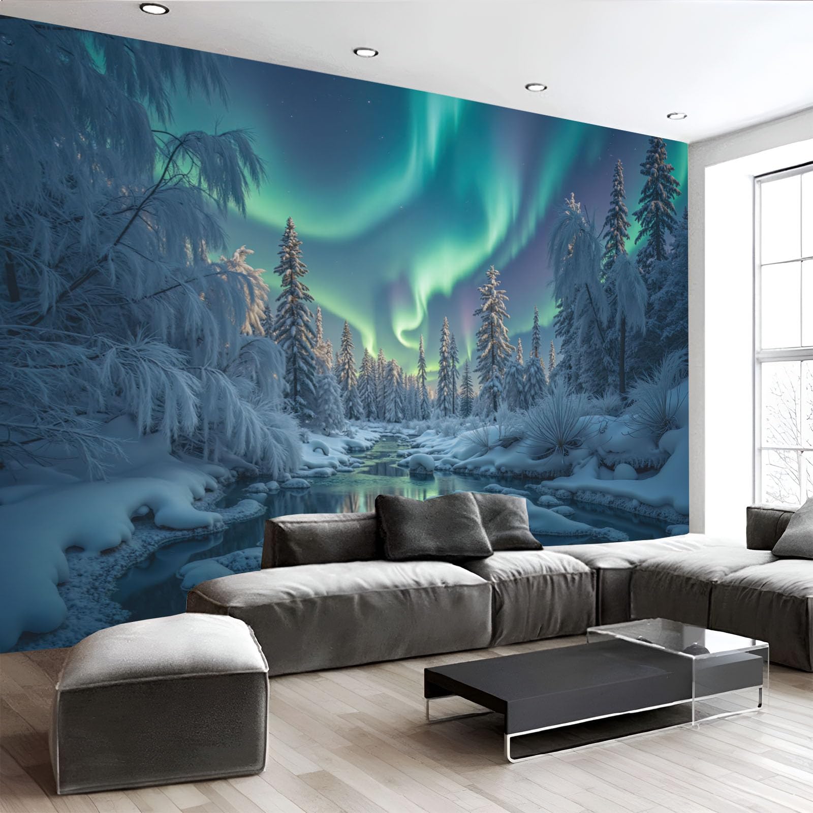 Papier peint panoramique hiver paysage 150x105cm déco aurore boréale