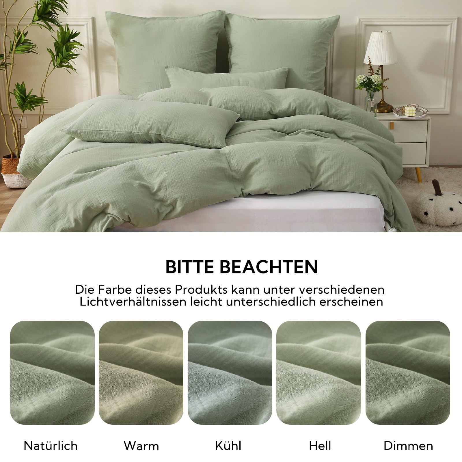 SOULFUL Doppelte Musselin Bettwäsche 155x220 Baumwolle, Bettwäsche-Sets 1er Set Bettbezug mit 1 Kissenbezüge 80x80 cm, ÖKO-TEX Bettwäsche Lakritzgrün mit Reißverschluss