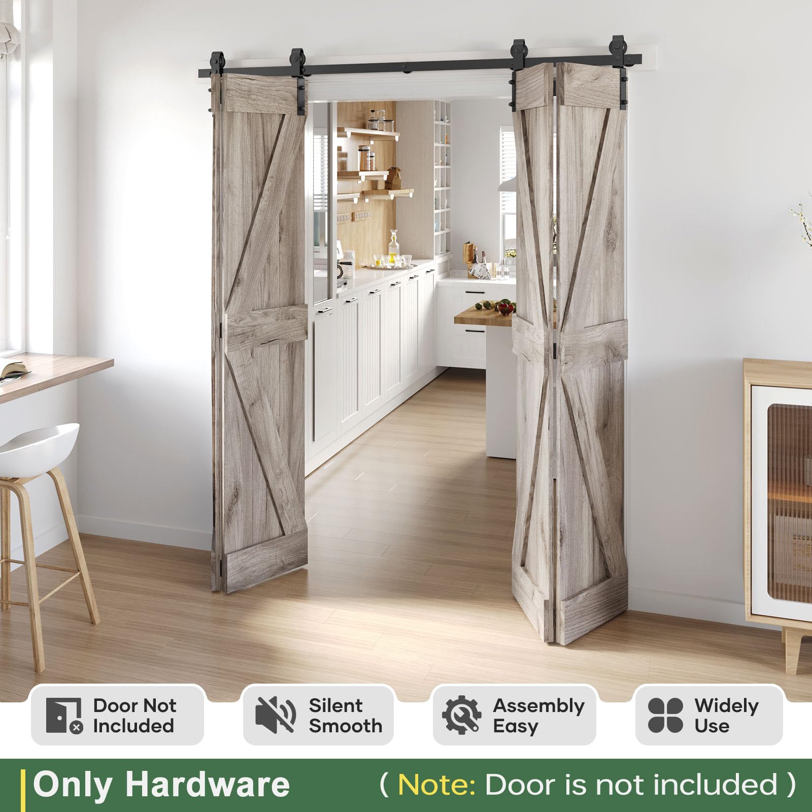 76" Bifold Sliding Barn Door Hardware Track Kit,Side Mounted Black J Shape Roller,Smoothly and Quietly,Assembly Easy,Fit Four 18" Bi-Folding Doors (Door Not Included) — Amazon image 2