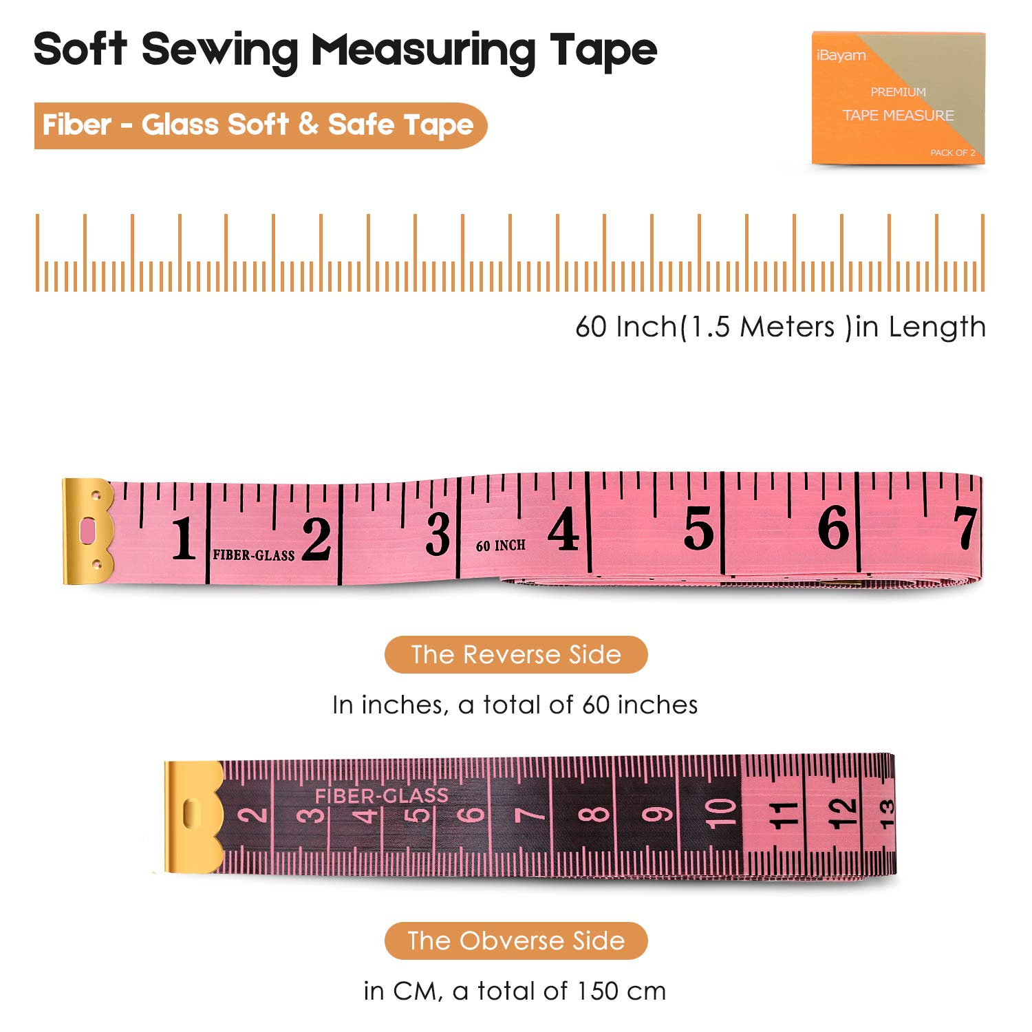 2 Pack Tape Measure Measuring Tape for Body Fabric Sewing Tailor Cloth Knitting Vinyl Home Craft Measurements, 60-Inch Soft Fashion Pink & Retractable Black Double Scales Rulers for Body Weight Loss - - 