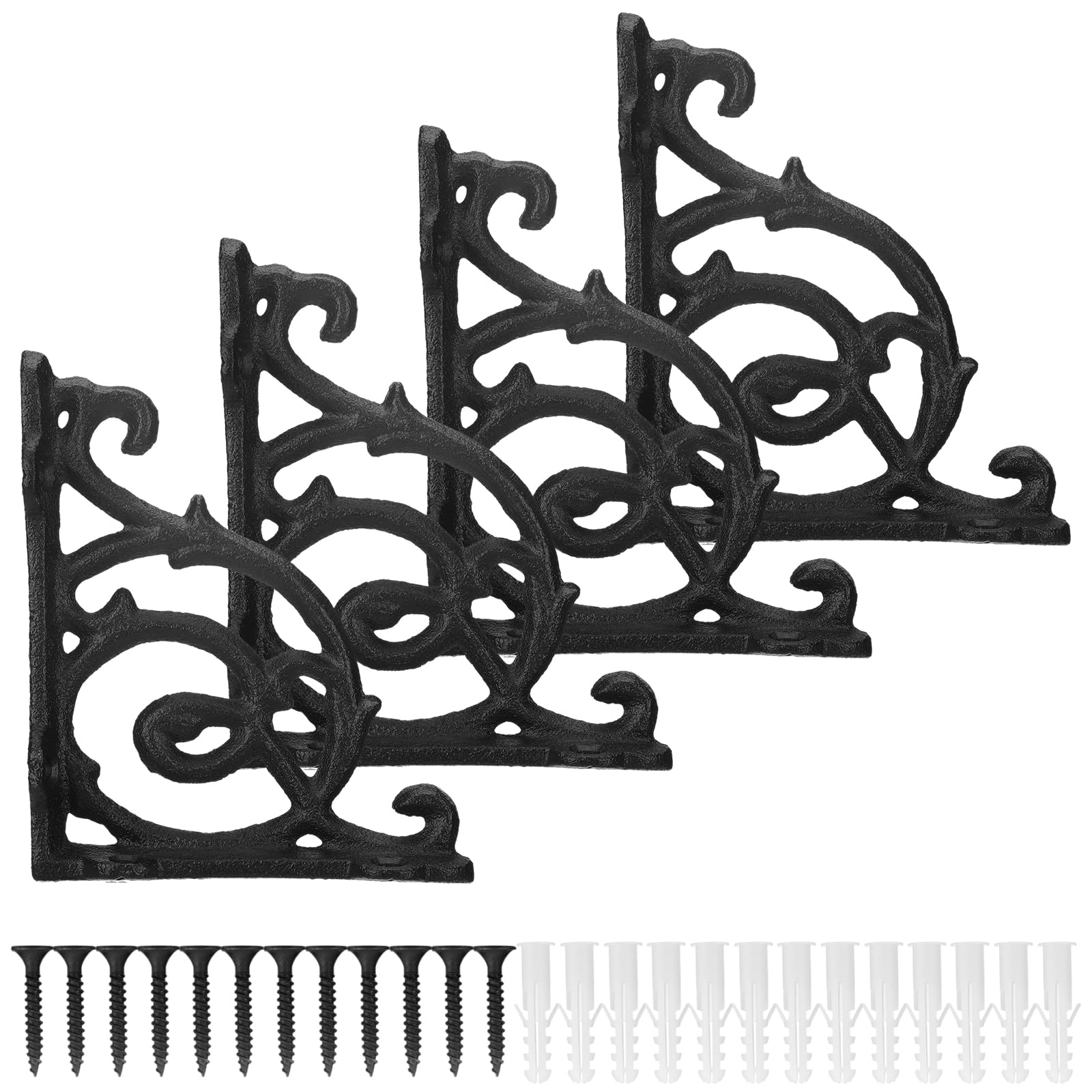 Otoolling 4 Pcs Retro Black 4-1/8 x 3-5/8 Antique Shelf Brackets Decorative L Cast Iron Shelf Bracket Brace Heavy Duty Wall Mounted Floating Elegant Vintage Baroque for Farmhouse DIY