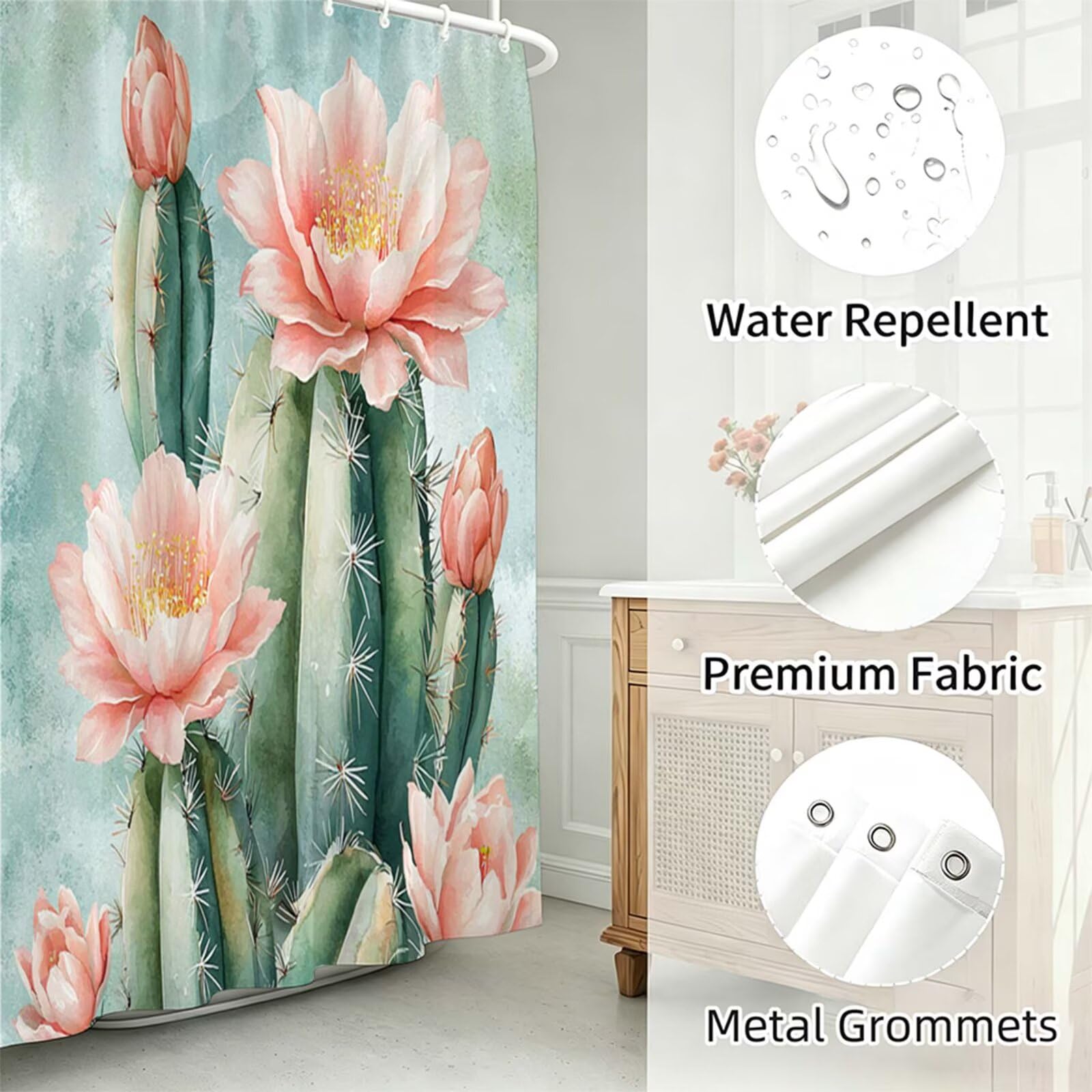 Verde Oliva Cortina de Ducha 240x200cm,Tela Poliéster Impermeable con 12 Ganchos,Secado Rápido Cortinas de Baño Lavables,Shower Curtain Resistente Humedad,Decoracion Hogar Cactus Cortina Ducha J-564