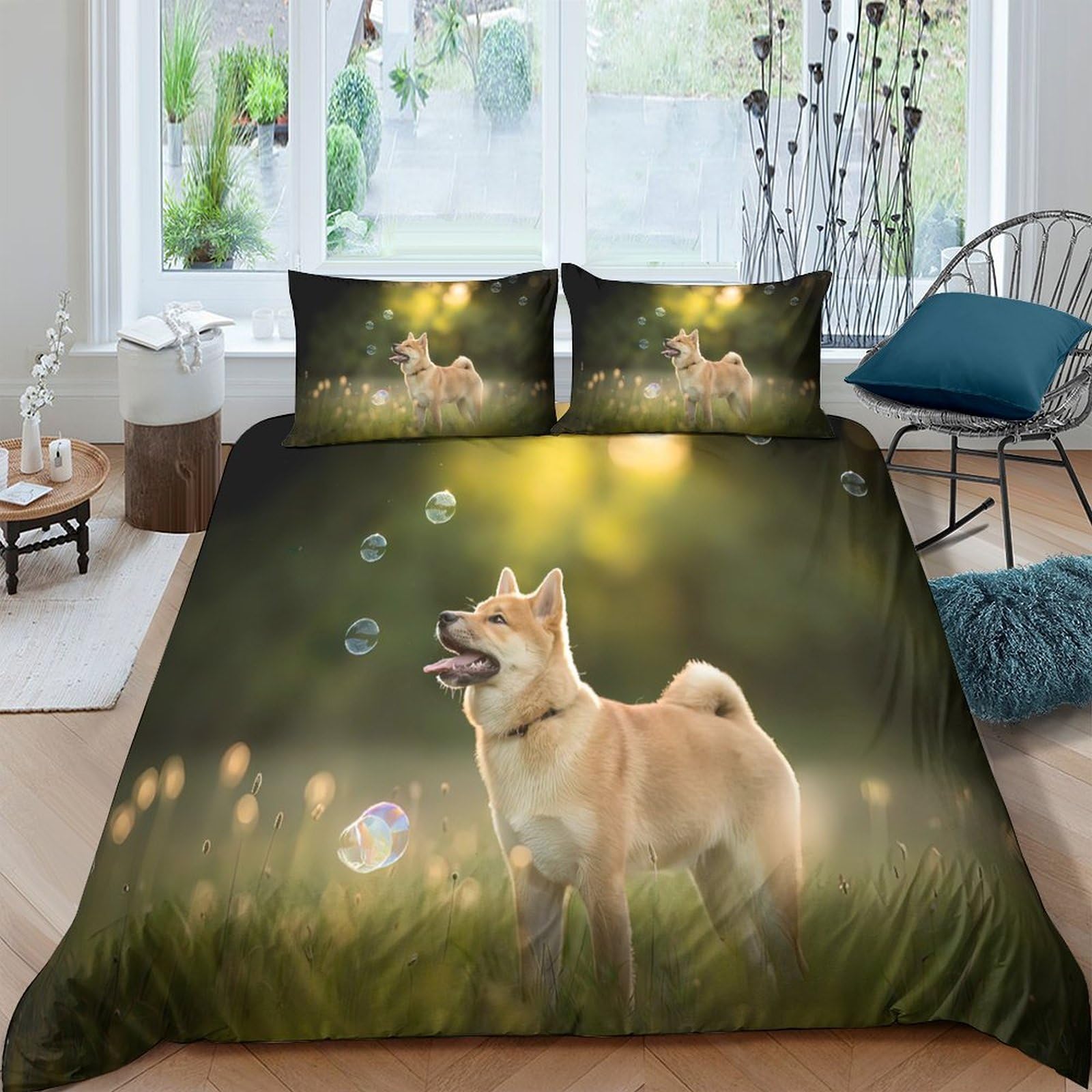 Ctjqhvkz Style-3 3D Printed Shiba Inu Meadow Fitted Sheet Microfiber Soft Anti-Slip Dog Bubble Mattress Cover Bedroom Decor Single（135X200cm）