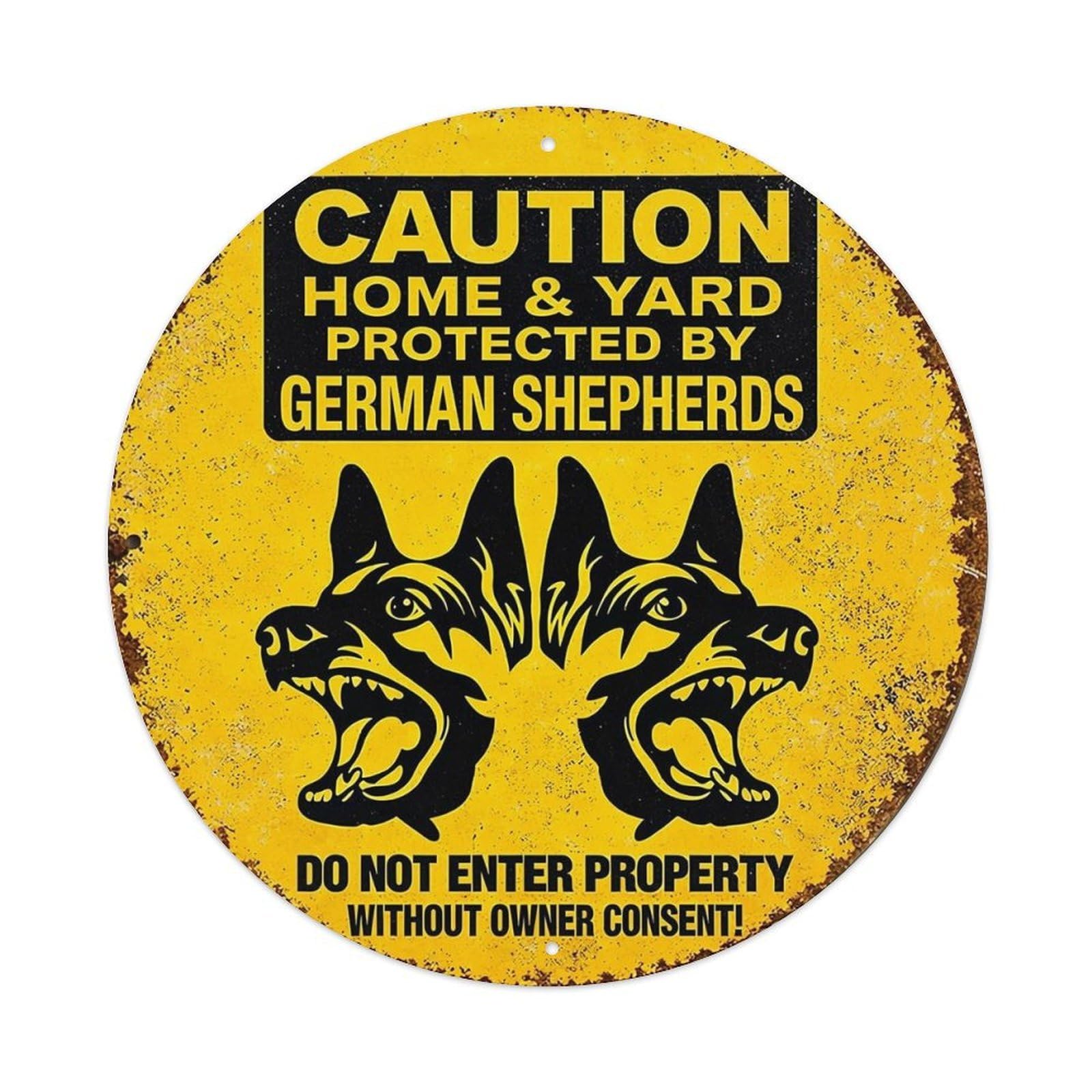 Caution Home Yard German Shepherds Warning Retro Metal Sign Round Tin Sign, Vintage Decor Art Poster for Bar, Home, Man Cave, Kitchen, Laundry Room Gift 8x8Inch