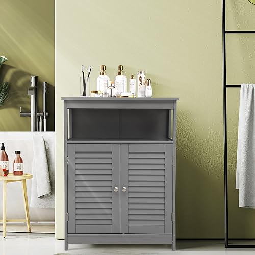 Miniatura 4 de GLACER Armario de suelo de baño, armario de almacenamiento de madera con puertas dobles con persiana doble y estante ajustable de 3 posiciones,