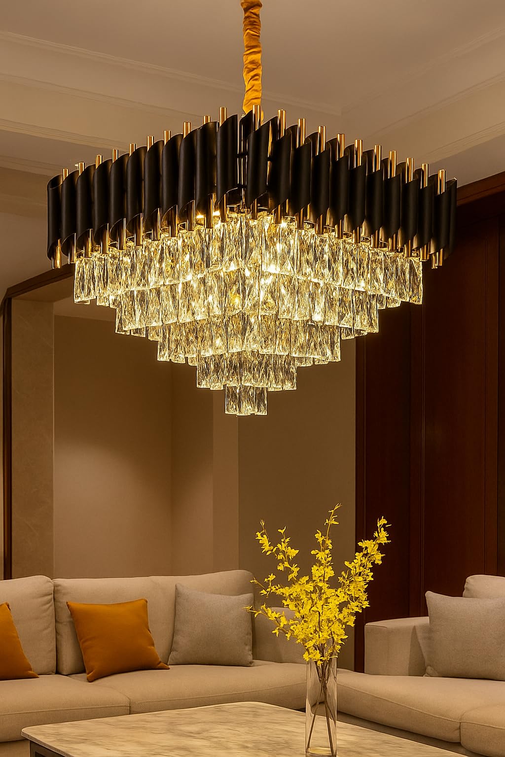 Modern K9 Crystal Chandeliers Gold -5Tier Round Crystal Chandelier for Living Room Colors.Warm White, Moon Light,Golden,Led Plate Included. (Square Black, 600MM)-image-30