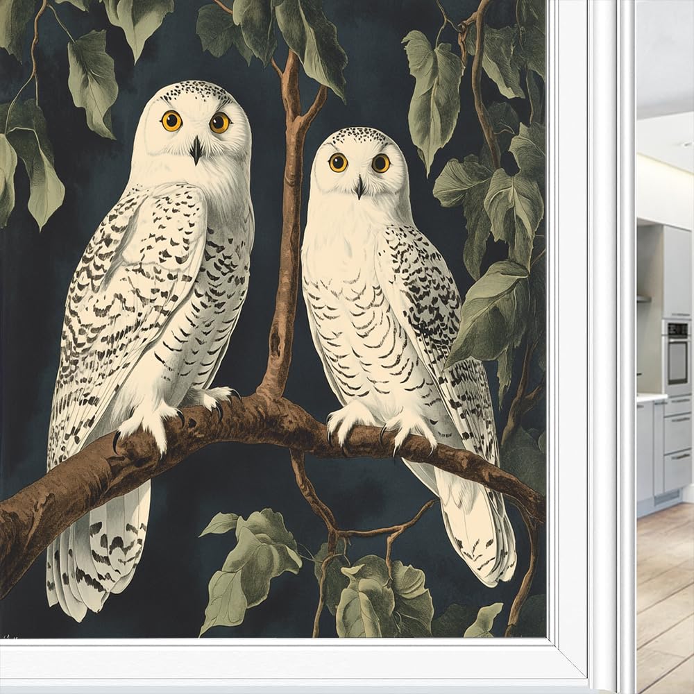 Branched Owl Stained Glass Window Film, Modern Animal Country Tree Bird Decorative Frosted Glass Window Privacy Film, Heat Control Adhesive Windows