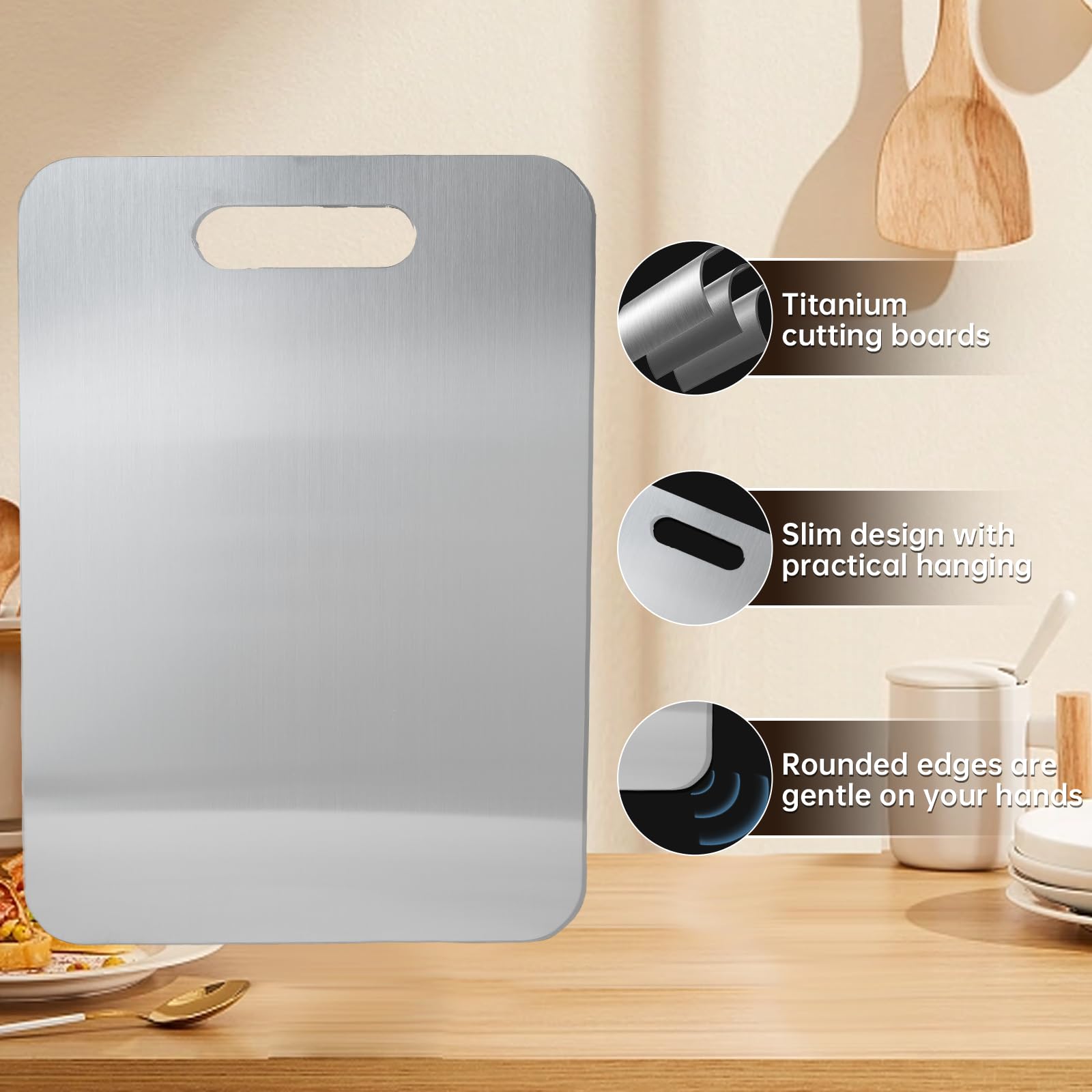 3 Piezas Tabla de Cortar de Acero Inoxidable, Grado Alimenticio de Doble Cara Tabla Cortar Titanio para Cocina, Multifunción Titanium Cutting Board para Carne,Verduras,Frutas