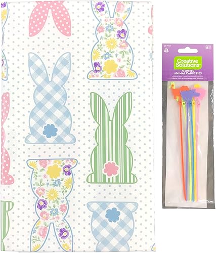 Miniatura 1 de Mantel de vinilo con diseño de conejo de Pascua, con estampado de parches decorativos, diseño de conejitos con reverso de franela (52 x 90 pulgadas,