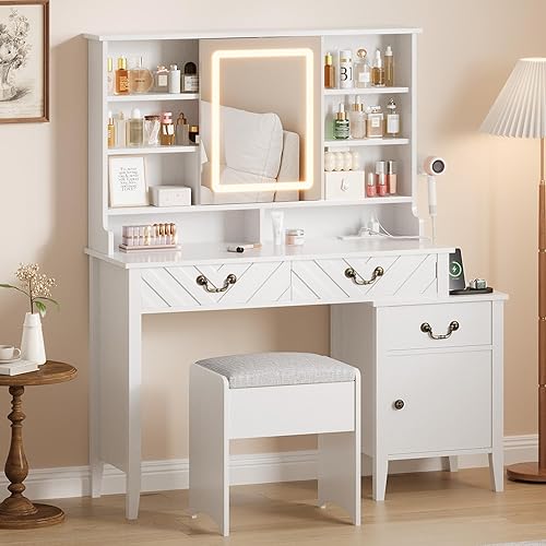 GarveeHome Escritorio de tocador con espejo deslizante y luces, mesa de maquillaje blanca con taburete, tocador retráctil con estación de carga,