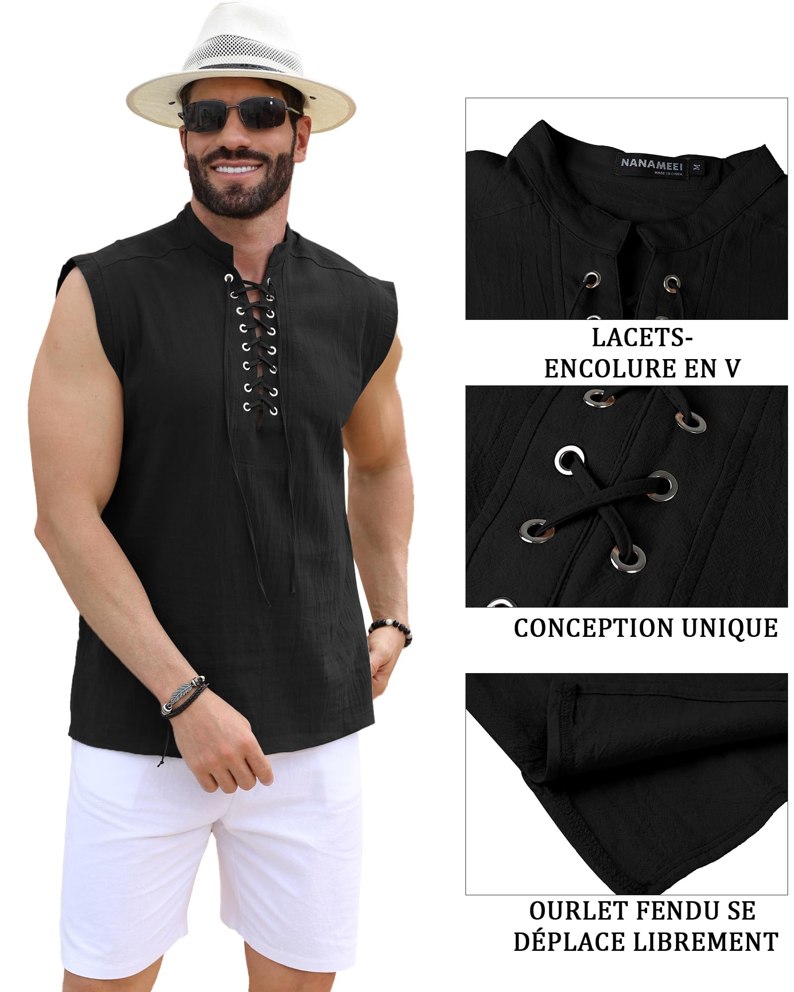 NANAMEEI Chemise Medievale Homme sans Manches en Lin et Coton Costume Pirate Vintage Col Mao Tunique Lacet Viking
