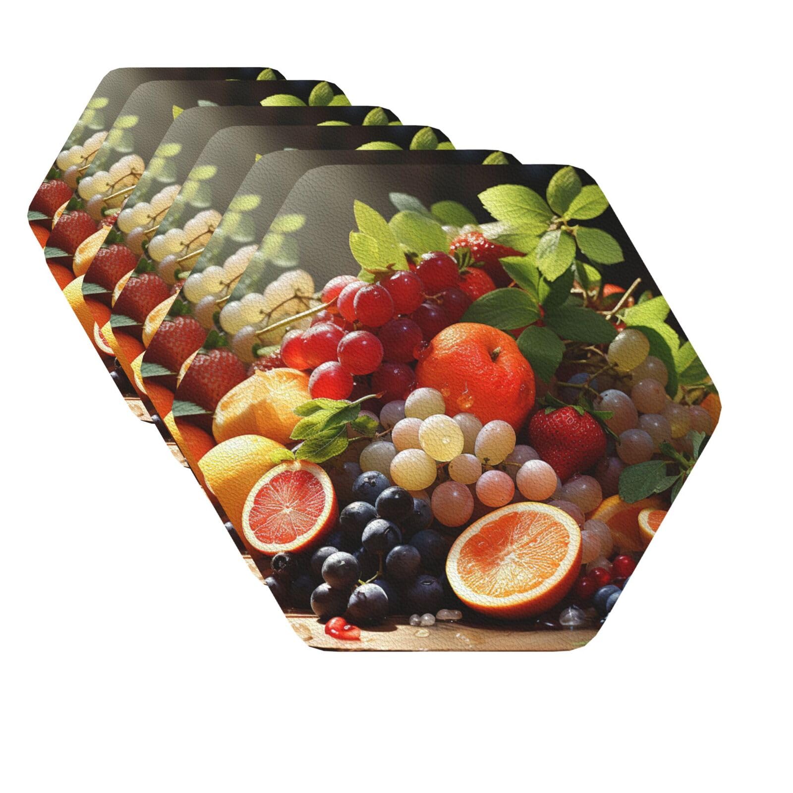Mxzerfkgla Hexagon Drink Coasters Set Of 6 Decorative Leather Coasters Fruits Coasters For Drinks Cups Mugs Mat Pads Absorbent Non-Slip Coasters For Coffee Table Kitchen Bar Home Decor