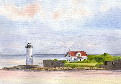 Portsmouth Harbor Lighthouse New Hampshire - Impresiones artísticas de acuarela mate (7 x 10)