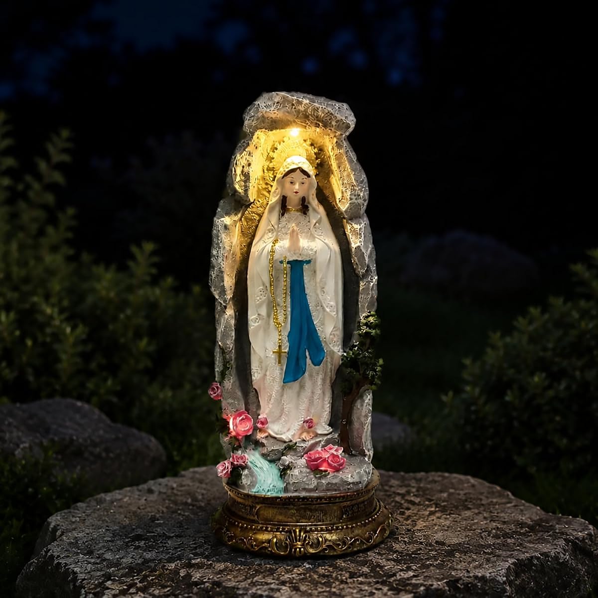 Virgin Mary Garden Statue with Solar Light – 11.8 Inch Outdoor Religious Grotto Sculpture, Blessed Mother Mary Statue for Yard, Patio, Deck, Home Entryway & Hallway Decor