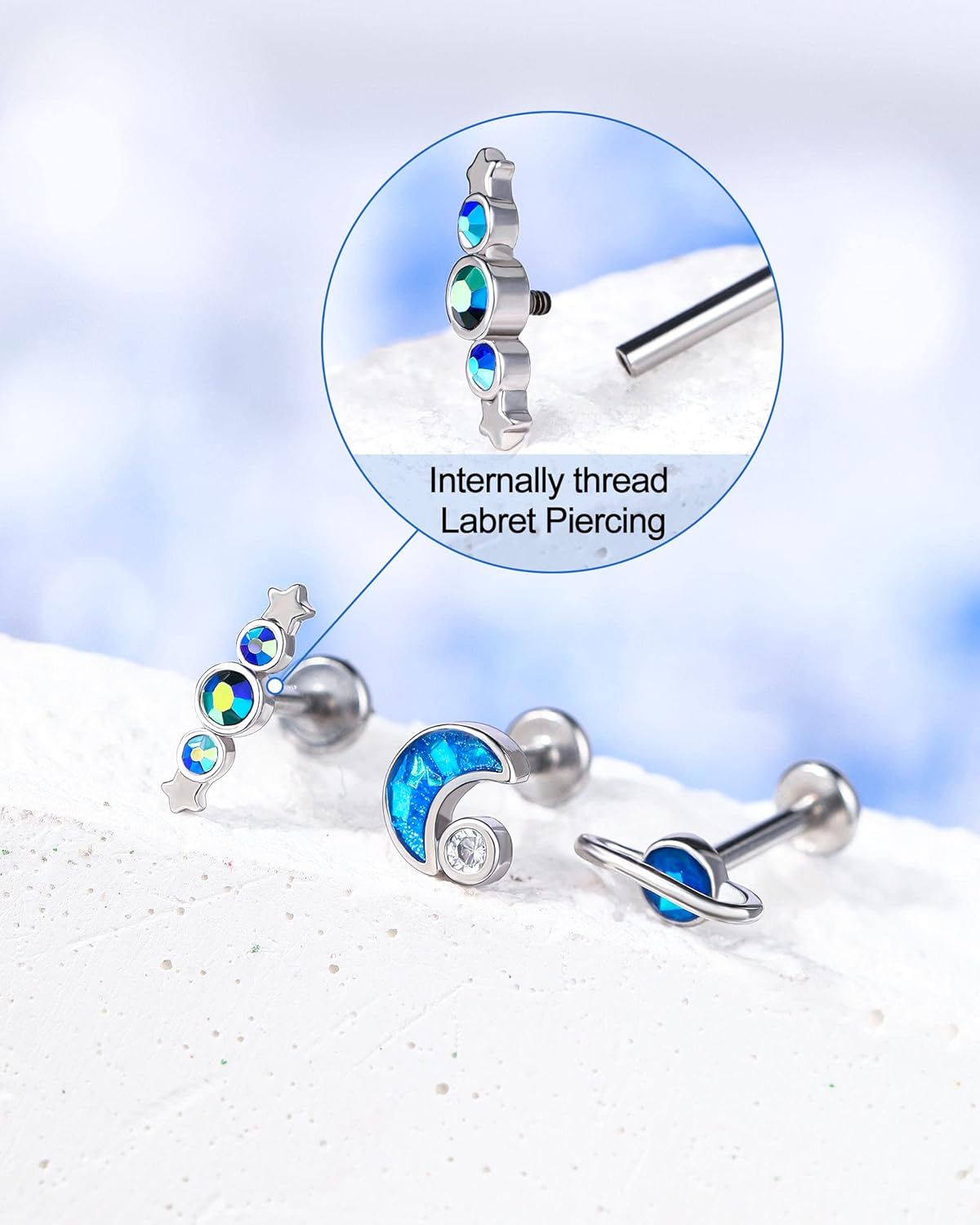 Melighting Labret Jewelry Internally Threaded 16G Blue Glitter Planet Labret Stud Stainless Steel 316L Moon Helix Earrings Star Tragus Conch Piercing Jewelry for Women - Image 2