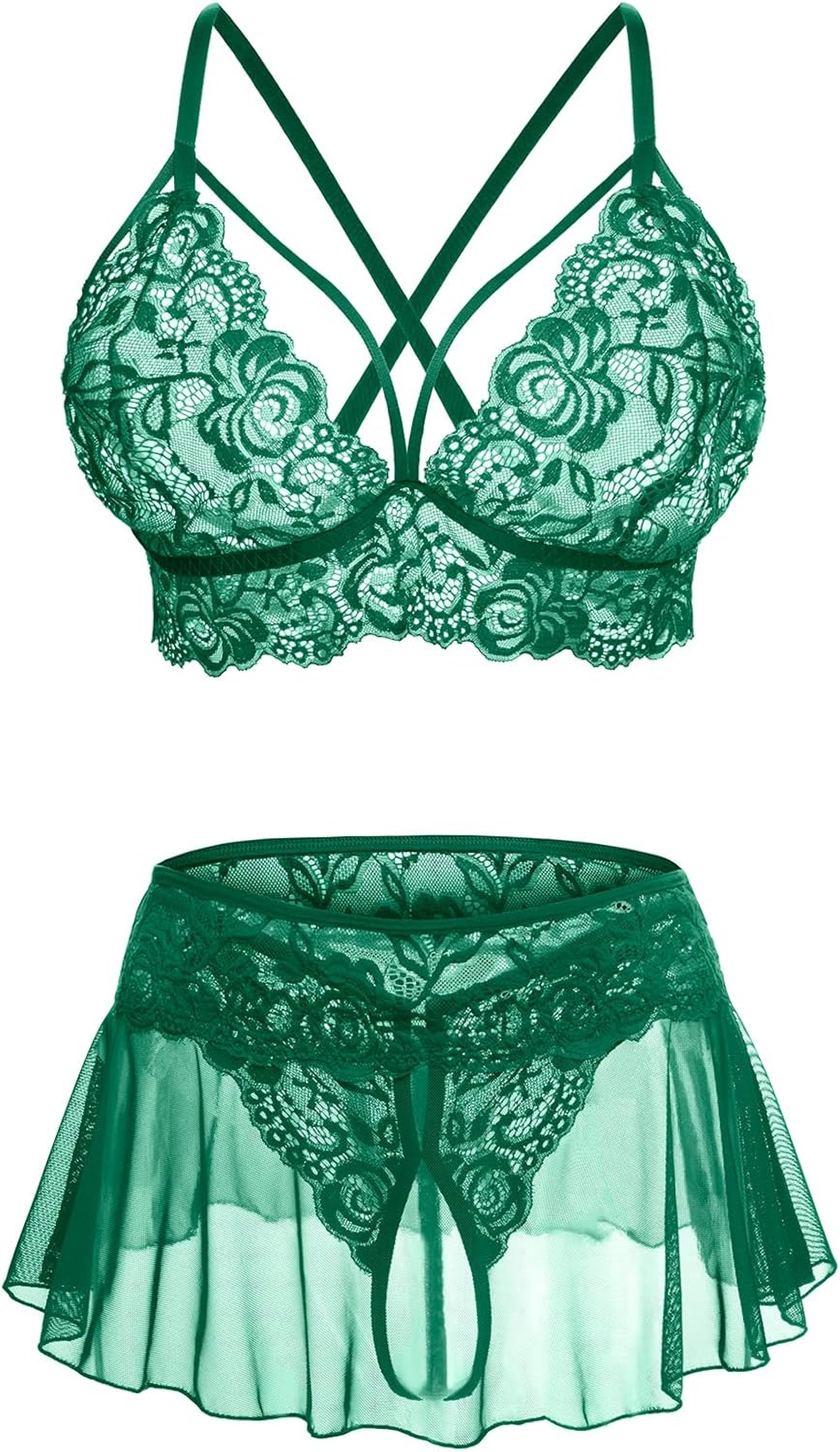 Bra Etsy Revealing Bralette Pieces Lace Bralette Babydoll Mini Skirt With  G-String Set Women Sexy