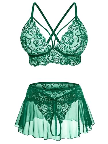 CRIPOM Sexy Lingerie for Women Naughty 3 Piece Lace Bralette, Mini Skirt with G-String Crotchless Lingerie Outfits - Medium - Blackish Green