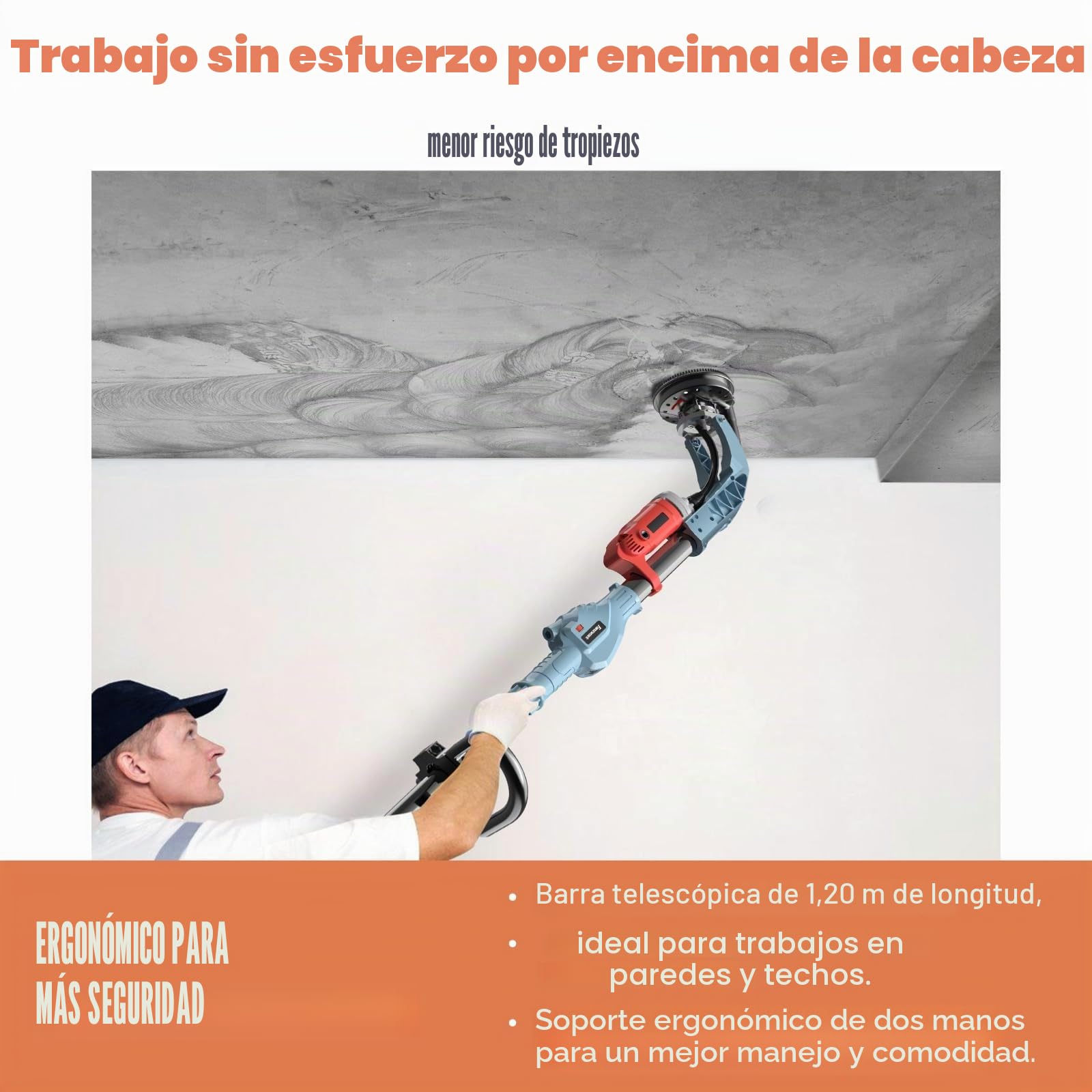 FANZWORK - Lijadora de hormigón de 1010 W con barra telescópica de hasta 1,20 m. Incluye cabezal de lijado de diamante de 125 mm y bolsa de transporte. Velocidad regulable: ideal para alisar hormigón,