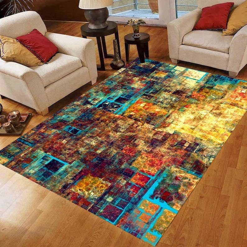 Tapis de salon lavable et antidérapant à poils courts avec motifs abstraits géométriques