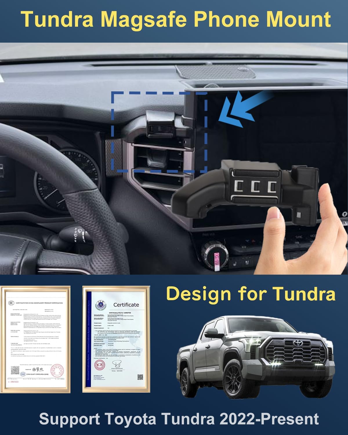for 2026 Toyota Tundra Phone Mount 2026 Toyota Sequoia Phone Holder 15W Fast Wireless Charger 2022-present Sequoia/Tundra Accessories Compatible for All Screen