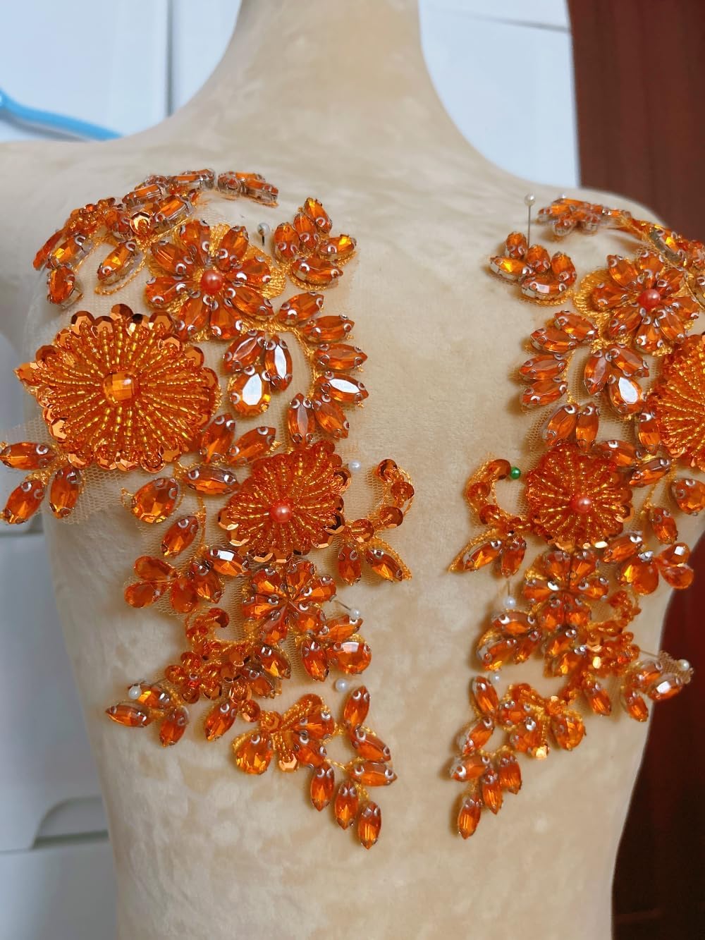 Handmade Rhinestone & Bead Applique Patches, a Pair of Matching Floral Embroidery Patches for Bodice, Wedding Dress, Evening Gown, DIY Clothing Embellishment (Orange)