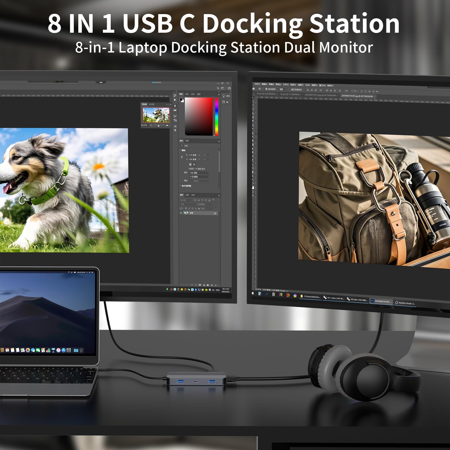 Docking Station Dual Monitor per HP/Dell/Lenovo/MacBook, Adattatore Hub USB C con Dual HDMI 4K, Docking Station 8 in 1 per laptop, Dock USB C con USB 3.0, Ricarica PD, Lettore di Schede SD/TF