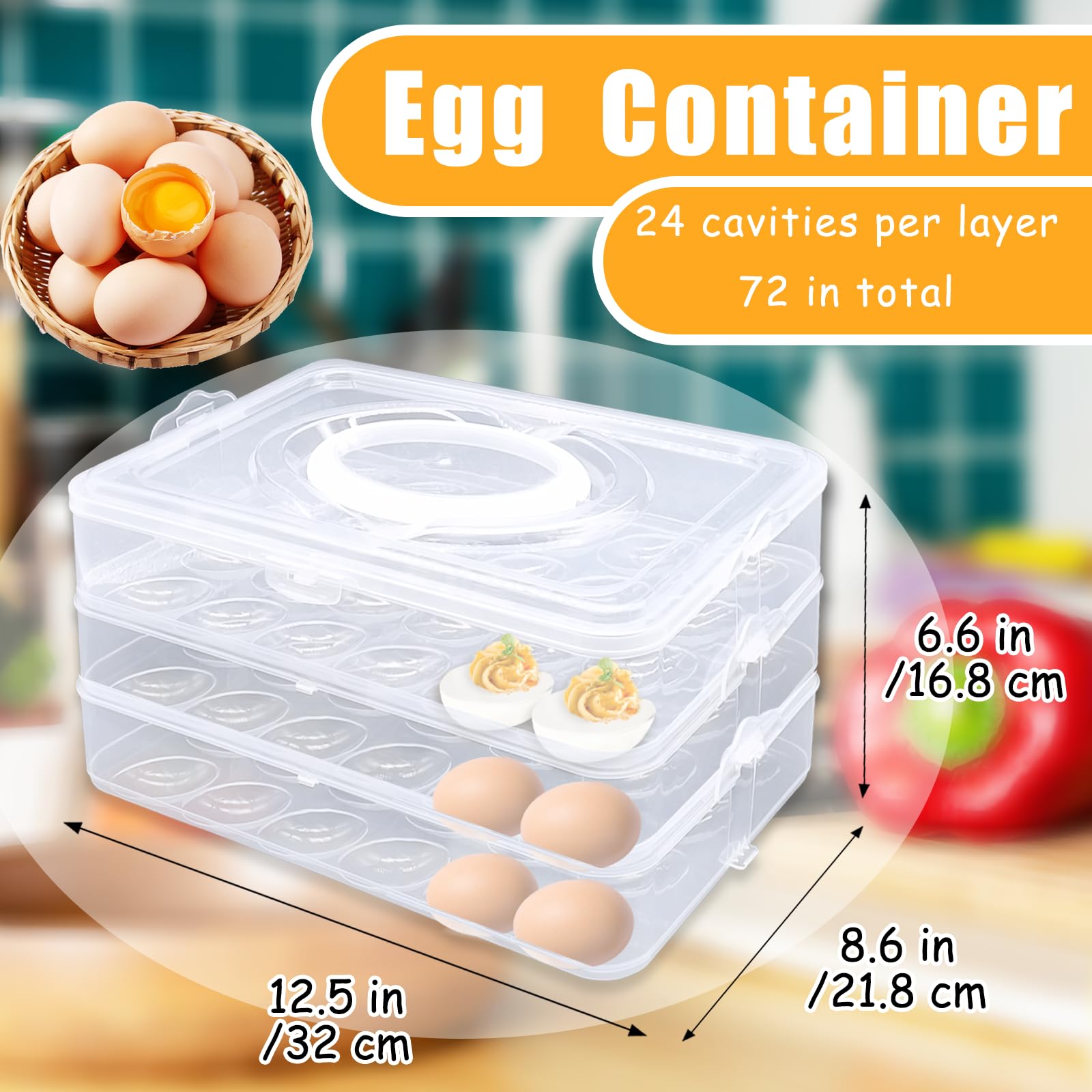Jgalnim Bandejas de huevos rellenos de 3 capas con tapa, transportador de huevos de plástico para refrigerador con asa para 72 huevos, bandeja de almacenamiento transparente para huevos de diablo,
