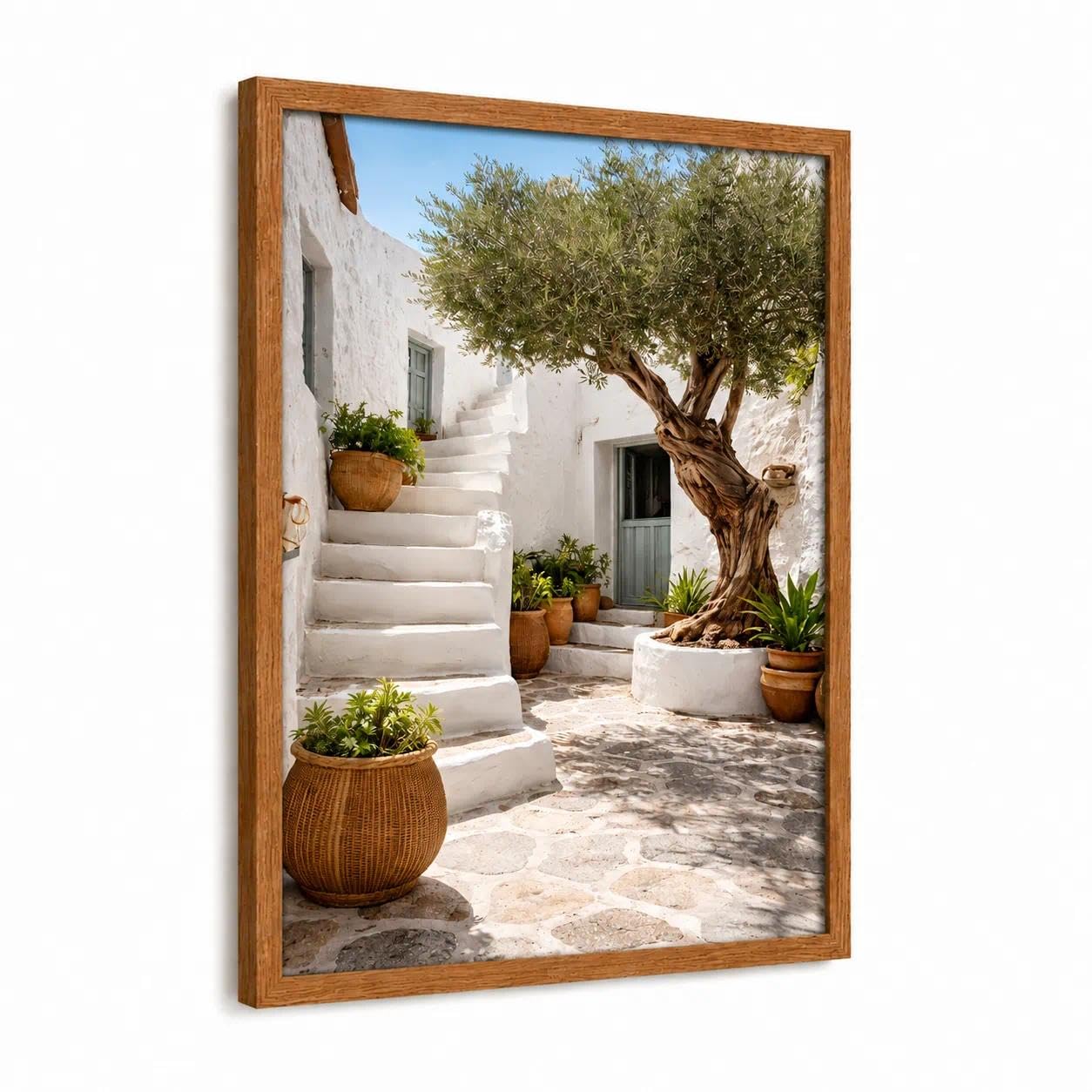 Wall Art for Living Room 12x16 Inch, Framed Canvas Wall Art Mediterranean Olive Tree Courtyard Print, Pictures for Living Room with Walnut Colour Frame, HD Waterproof Print, Bedroom Wall Decor