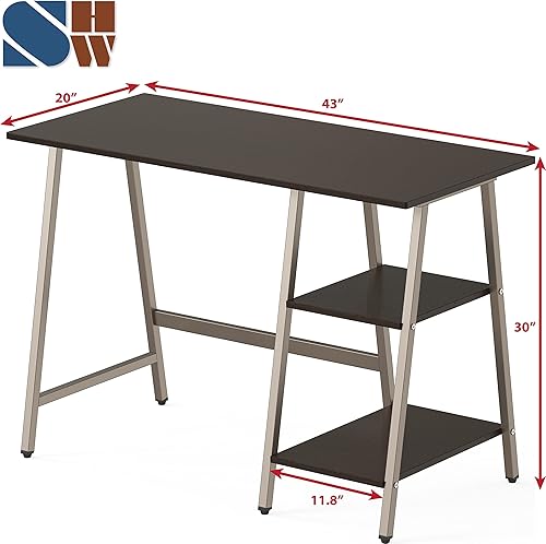 Miniatura 3 de SHW Escritorio para computadora con caballete de oficina en casa de 43 pulgadas con estantes de almacenamiento abiertos, color espresso