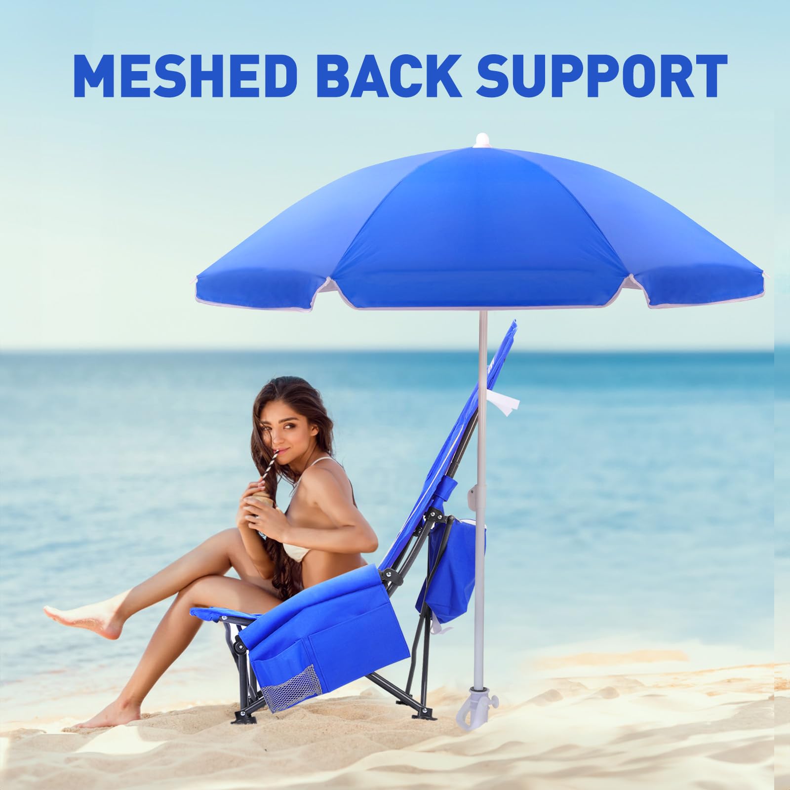 Brace Master 2 Pcs Sedia da Spiaggia con 2 ombrelloni, Sedia da campeggio con Portabicchieri, Dispositivo di Raffreddamento E borsa per Telefono per Giardino Campeggio Spiaggina(Blu)