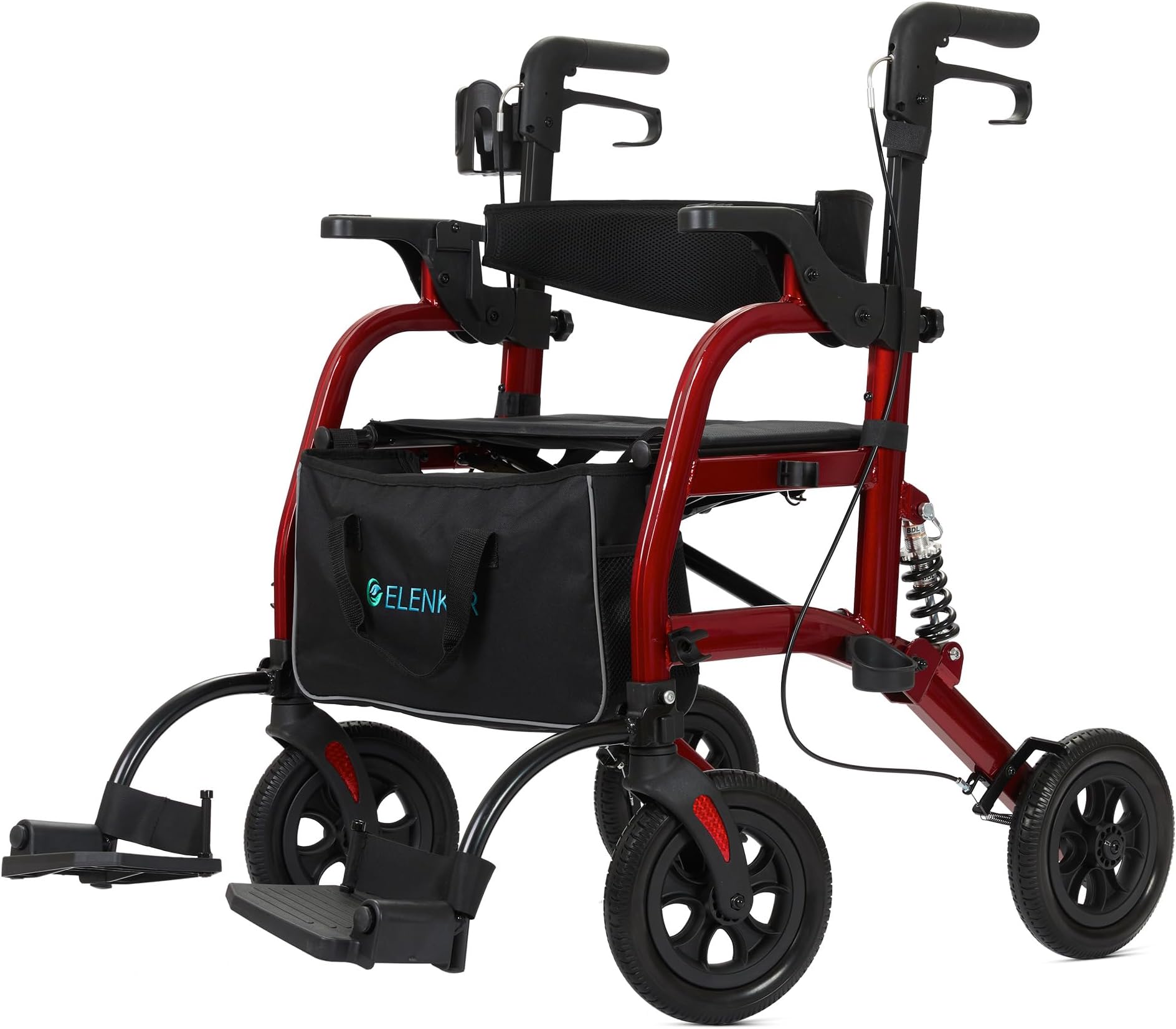 ELENKER All-Terrain 2 in 1 Rollator Walker & Transport Chair for with 10” Non-Pneumatic Wheels Seniors, Folding Rolling Walker Wheelchair Combo with Wide Seat and Shock Absorber, Red