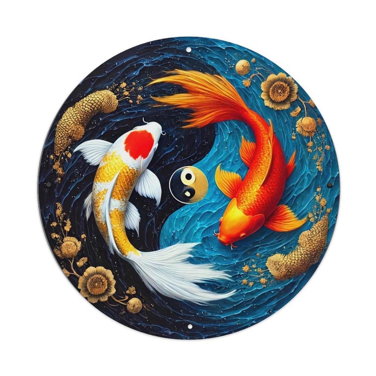Jdyansheng Vintage Yin Yang Koi Fish Art Tin Sign Metal Poster Metal Signs For Home Man Cave Bar Cafe Kitchen Laundry Room Wall Decorations 8X8 Inches