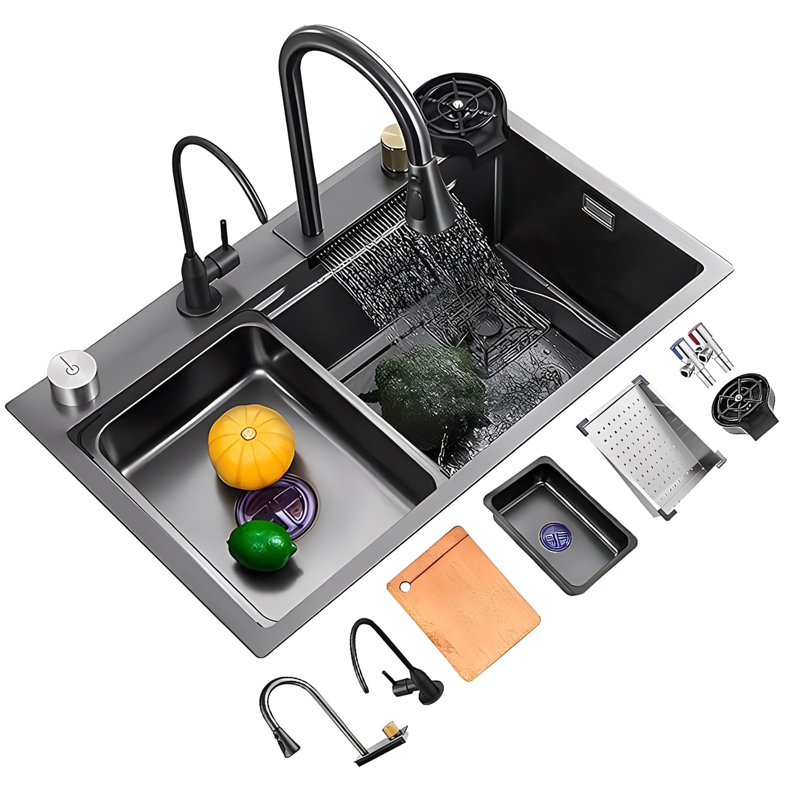 YADZISW Large Single Bowl Kitchen Sink with Waterfall Faucet Pull-Out Sprayer Glass Rinser & Accessories - Perfect for Bar (68x45x22cm)