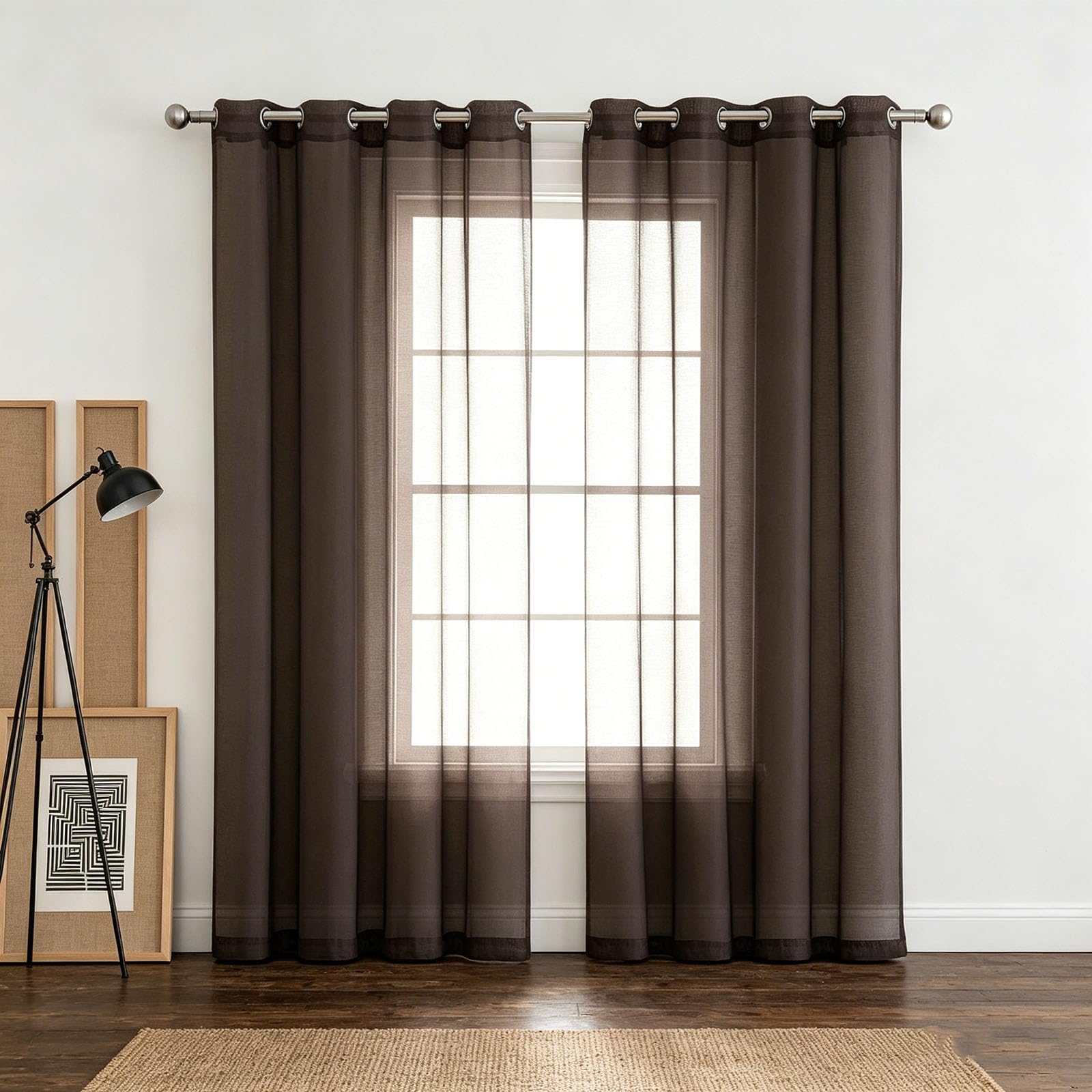 Rideaux voilage 140 x 270 cm effet lin marron à oeillets