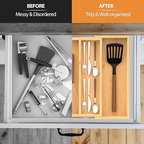 Miniatura 3 de Organizador de cajones de cocina expandible de bambú, 13 a 23 pulgadas, bandeja ajustable para utensilios y cubiertos, organizador de cajones de