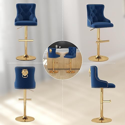 Miniatura 9 de Juego de 2 taburetes de bar de terciopelo con anillo giratorio de león dorado para encimera de cocina, taburetes de bar tapizados con cabeza de