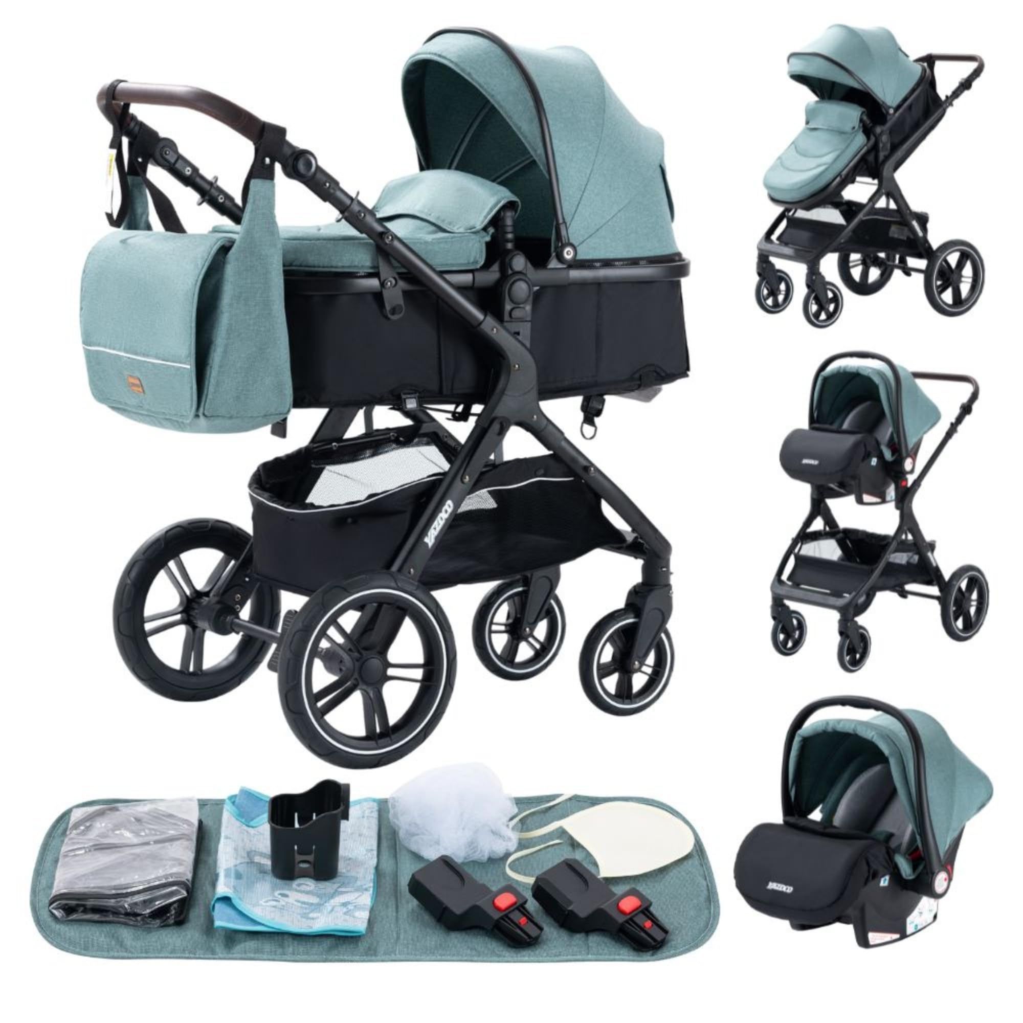 YAZOCO Carrito bebe 3 en 1 Plegable carro bebe 3 piezas compacto y reclinable silla de paseo, Accesorios de asiento, estante de vasos de agua, mosquitero (1 Verde)