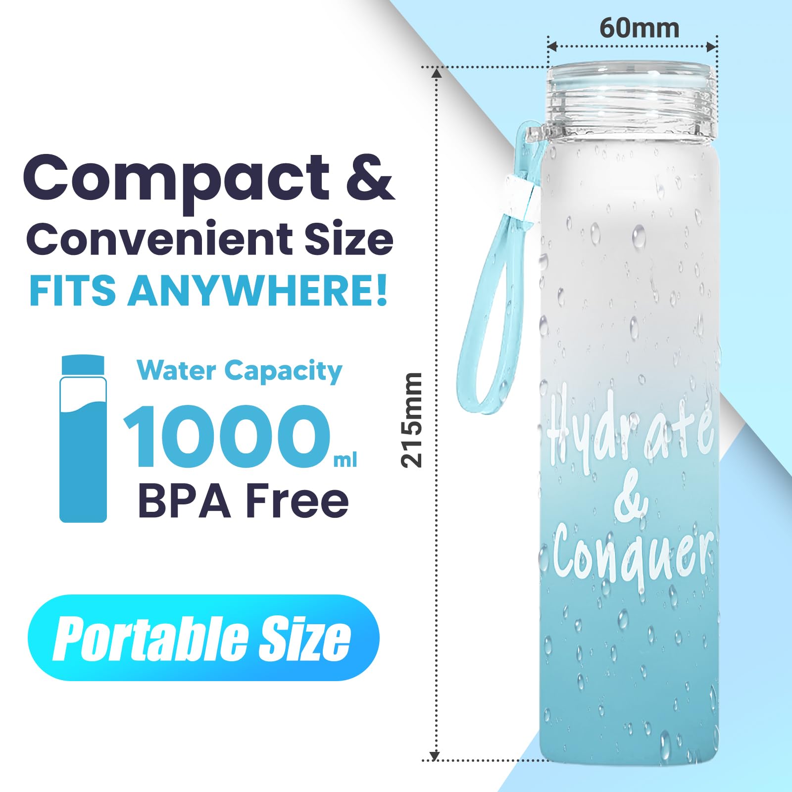 Botellas de agua de vidrio de borosilicato (azul (paquete de 1), 1000 ml