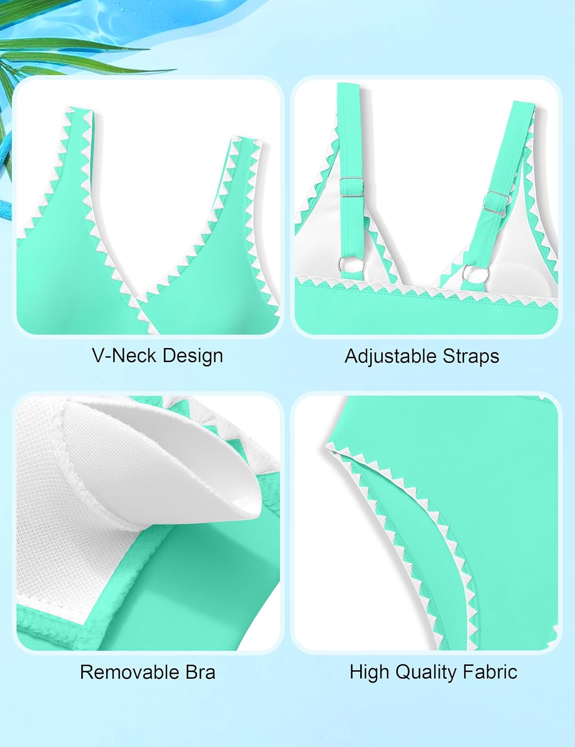 KANGKANG Girls Swimsuit Bikini Set Solid Color V-Neck Two Piece Bathing Suit with Chest Pad Adjustable Straps Swimwear 7-16T - Image 4