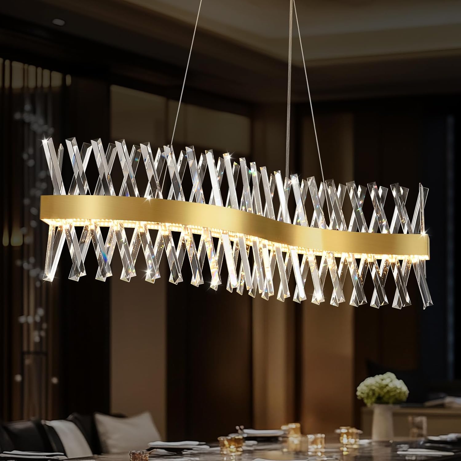 Modern Crystal Chandeliers, Luxurious S-Shape Chandeliers for Dining Room Over Table, L40 Gold Rectangular Dining Room Chandelier, Linear Kitchen Island Lighting, Dimmable Ceiling Light Fixture