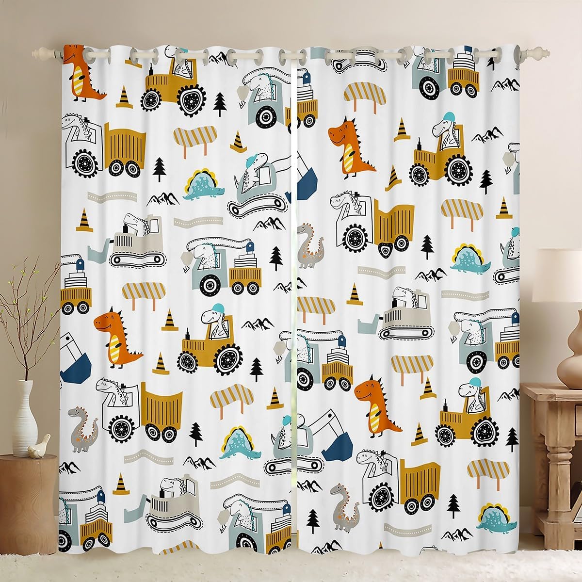 Feelyou Construction Curtains (2 Panels, 38 x 54 Inch) Kids Equipment Trucks 30%-50% Blackout Curtains Construction Vehicles Darkening Drapes Cartoon Car Excavator Tractor Blue Window Treatments