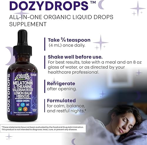 Miniatura 7 de Clean Nutra DozyDrops - Gotas líquidas para dormir con melatonina, L-teanina, raíz de valeriana, bálsamo de limón, hibisco, magnesio y vitamina B6