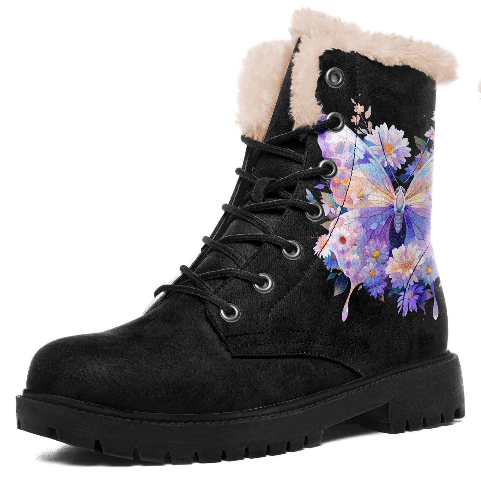 Boho Womens Winter Boots with Floral Butterfly Prints Slip-Resistant Warm Comfortable Cold Weather Snow Footwear