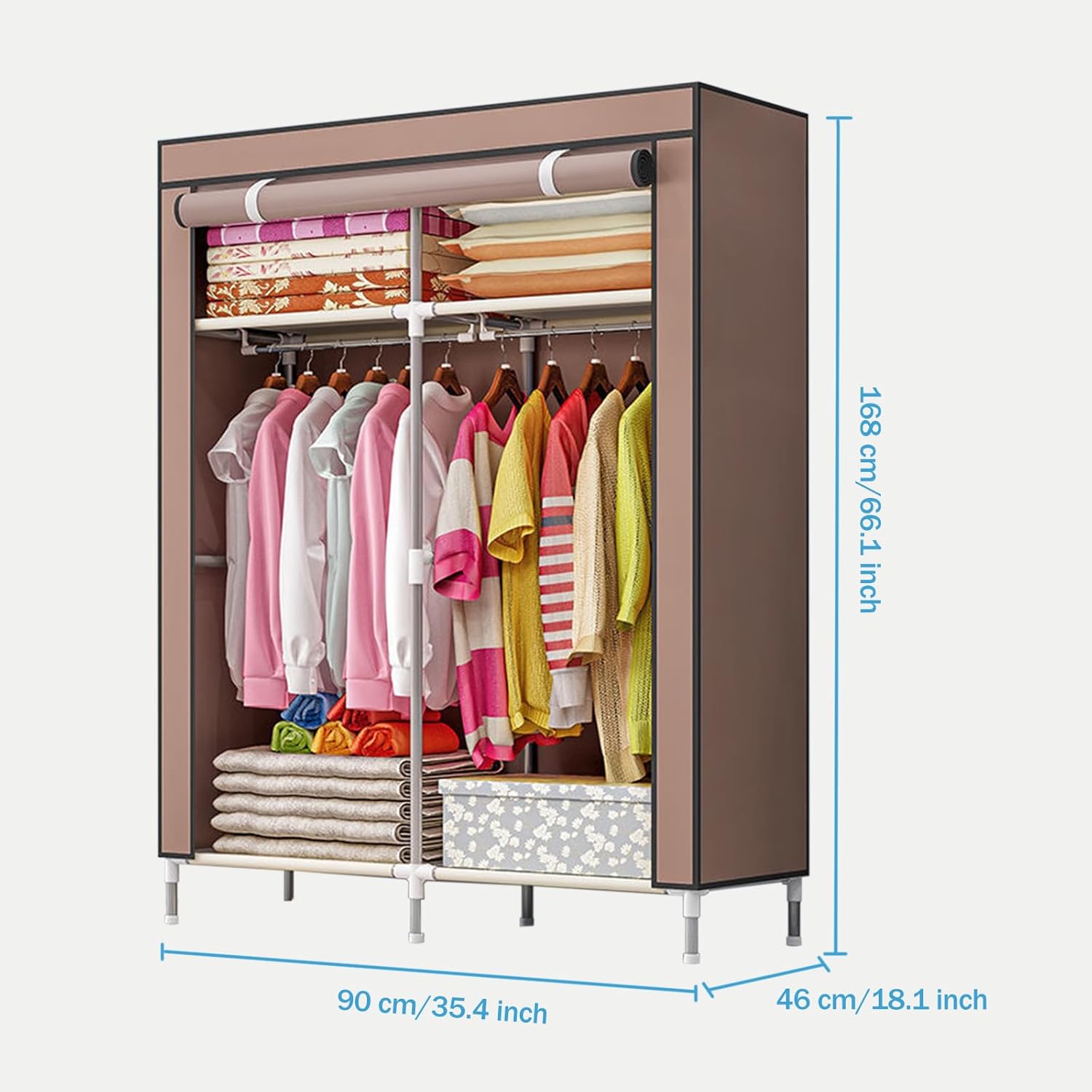 CAVUFSZ Portable Wardrobe with dimensions labeled: 168 cm / 66.1 inch height, 90 cm / 35.4 inch length, and 46 cm / 18.1 inch width.