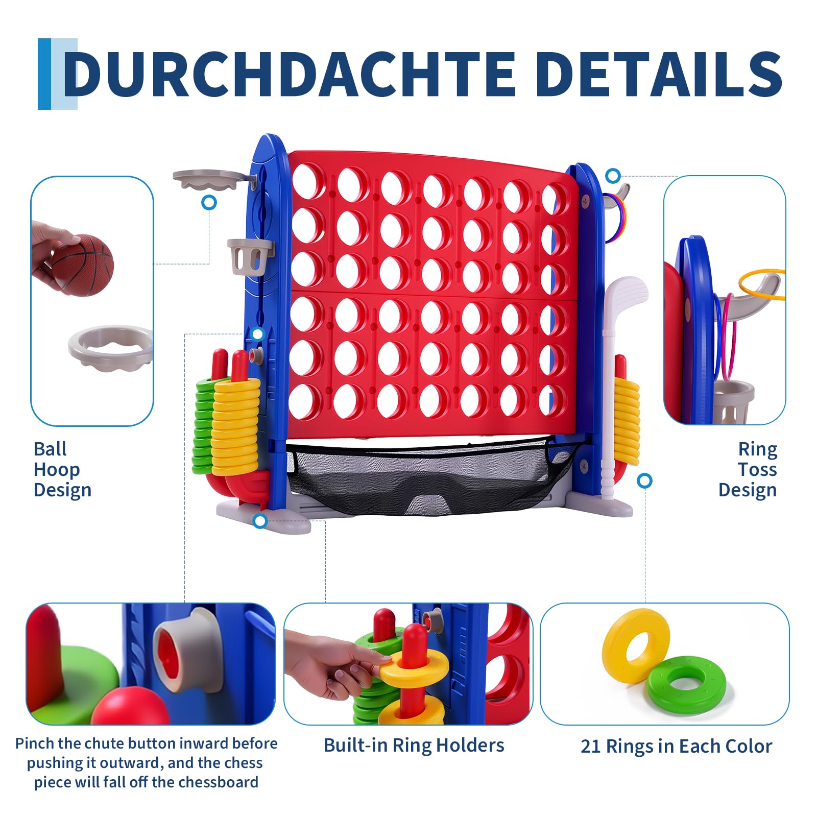 IDEALHOUSE Jeu géant 4-en-ligne portable – Plateau réglable en hauteur – Glissière rapide – 42 anneaux – Pour enfants et adultes, intérieur/extensionérieur, fêtes, famille – Compatible Quatre en ligne
