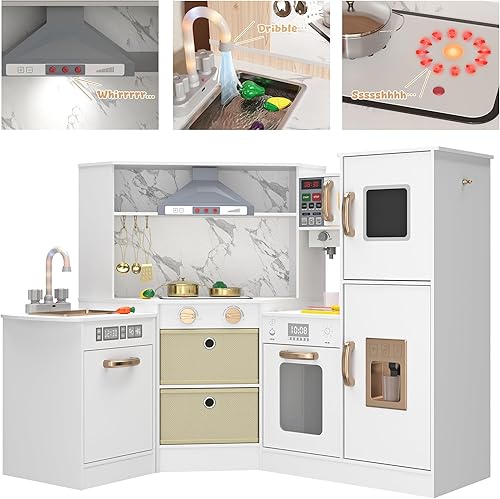 Cocina de madera para niños con luces y sonidos realistas, almacenamiento inteligente, máquina de hielo de simulación, fregadero, estufa, juguete